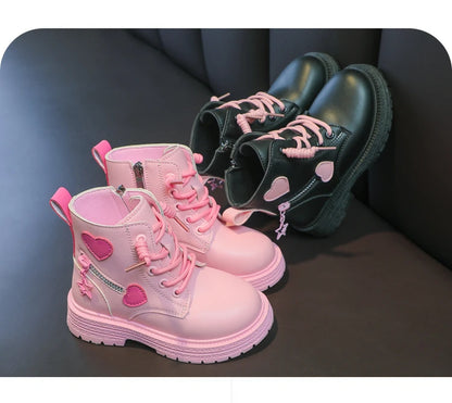 Girls Heart Ankle Boots with Lace-Up Front, Side Zipper and Star Accents, Pink or Black Fashion Shoes with Optional Plush Lining, Sizes 26–37