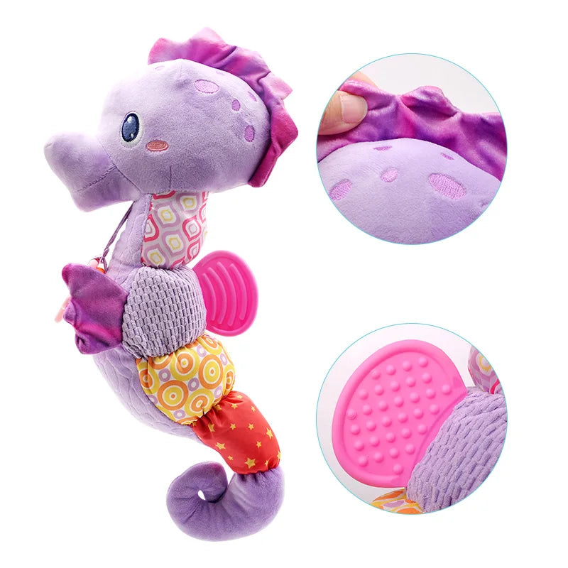 Plush Seahorse Baby Rattle with Crinkle Sounds, Colorful Patterned Panels and Soft Animal Design for Supervised Sensory Play and Baby Shower Gifts
