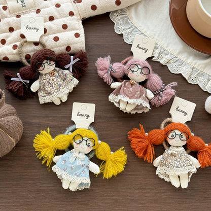 Doll Hair Accessories for Girls, Handmade Cotton Character Hair Clip or Elastic Hair Tie with Floral Dress and Colorful Pigtail Details