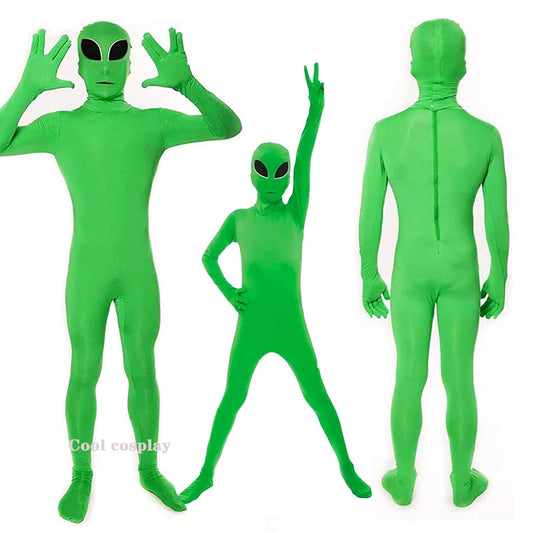 Green Alien Costume for Kids and Adults, Full-Body Zentai Jumpsuit with Black Eye Design for Halloween, Carnival and Sci-Fi Cosplay