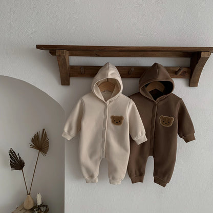 Baby Hooded Snap Front Jumpsuit with Bear Patch, Long Sleeve One-Piece Outfit in Coffee or Beige for Boys and Girls, Sizes 3M-18M