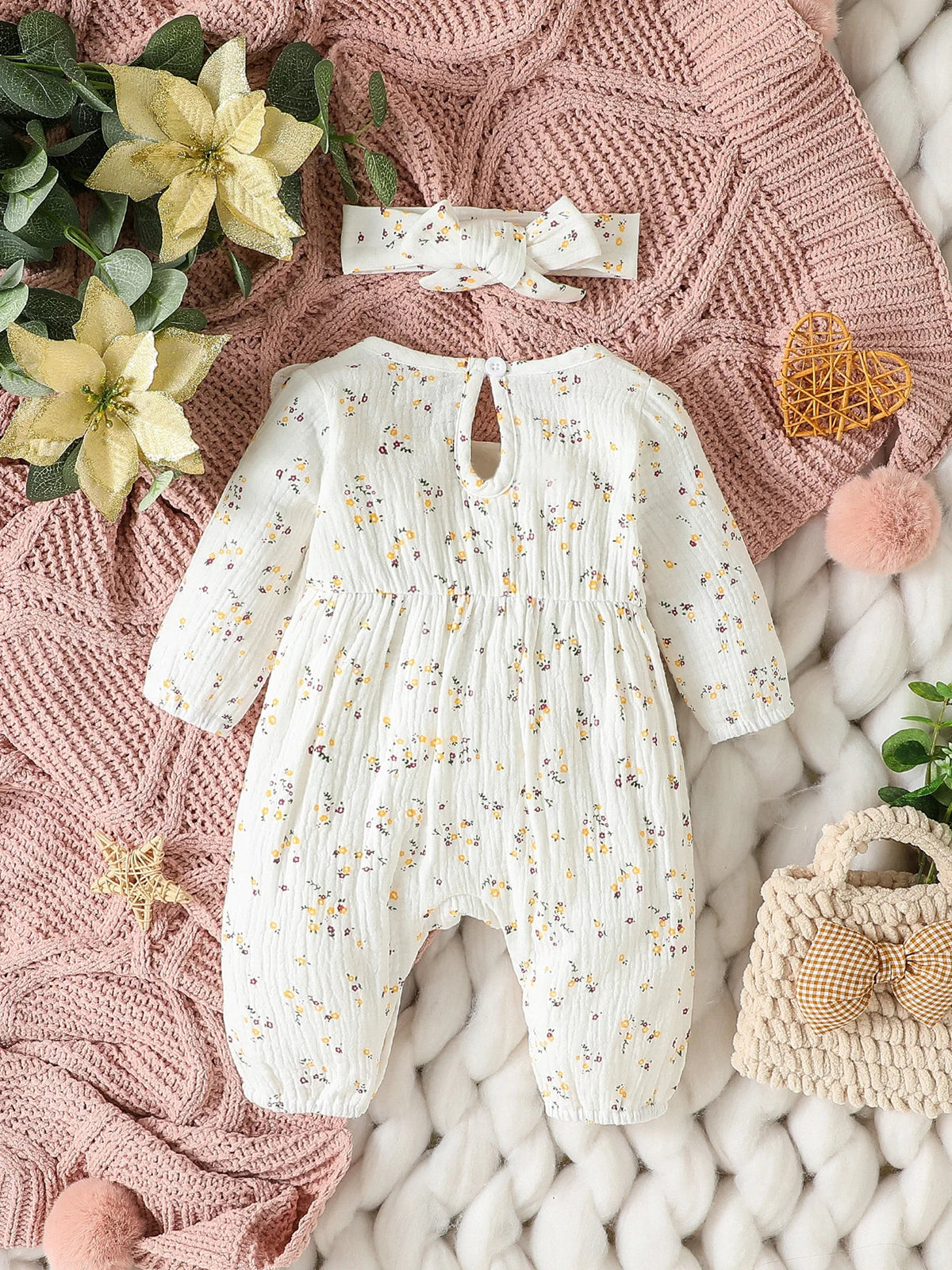 Baby Girl Heart Print Romper with Shoulder Ruffles and Bow Details, Long Sleeve Cotton Jumpsuit with Inner-Leg Snaps, Sizes 0-6 Months