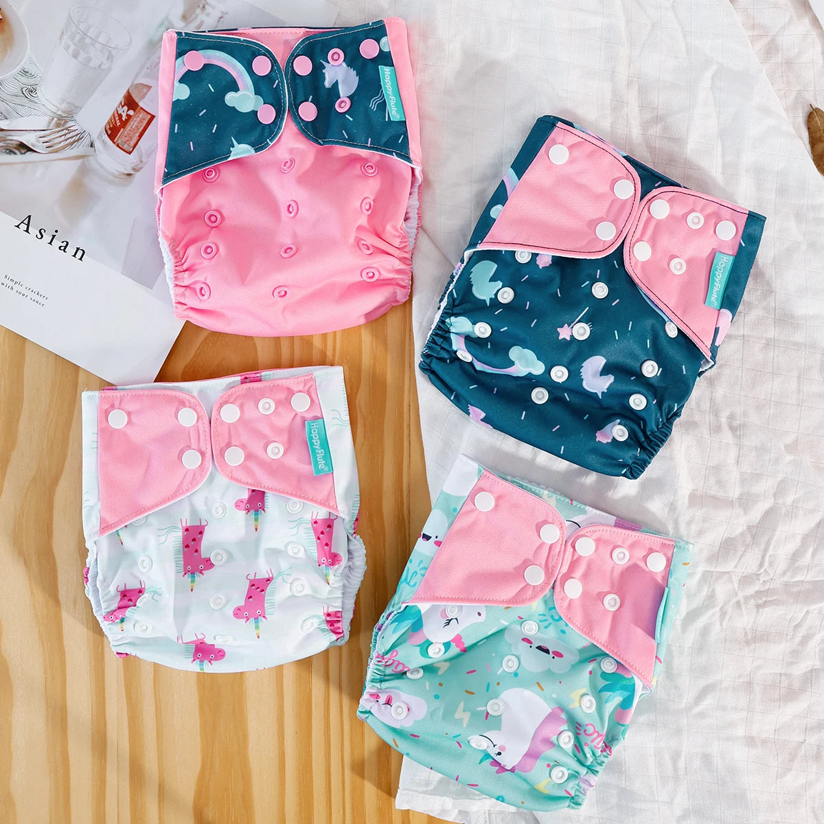 Reusable Cloth Diapers, Happyflute 4-Pack One-Size Pocket Baby Nappies with Adjustable Snap Closures, Washable Covers, Inserts Sold Separately