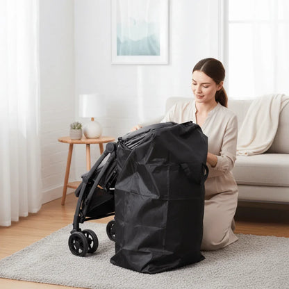 Stroller Gate Check Bag in Black Oxford Cloth with Drawstring Closure and Carry Handles, Foldable Travel Storage Cover for Compact Strollers