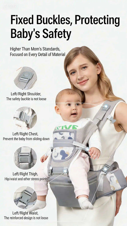 Front and Back Baby Carrier with Hip Seat, Adjustable Buckle Straps and Wide Waist Belt, Gray or Dark Blue Babywearing for Family Outings