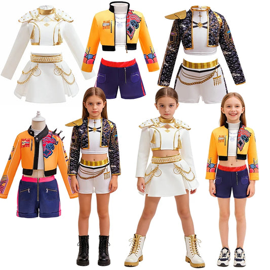 Girls Urban Dance Costume Set with Crop Top, Jacket and Skirt or Shorts, Hip Hop and Majorette Styles for Recitals, Competitions and Stage Shows