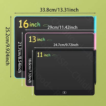 Kids LCD Doodle Tablet, 8, 11, 13 or 16-Inch Erasable Drawing and Handwriting Board with Stylus, Screen Lock and Clear Button for Creative Practice