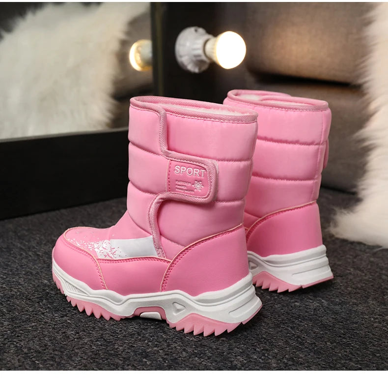 Kids Plush-Lined Winter Boots with Padded Shafts and Front Flap Closures, Pink or Purple Snow-Style Footwear for Boys and Girls