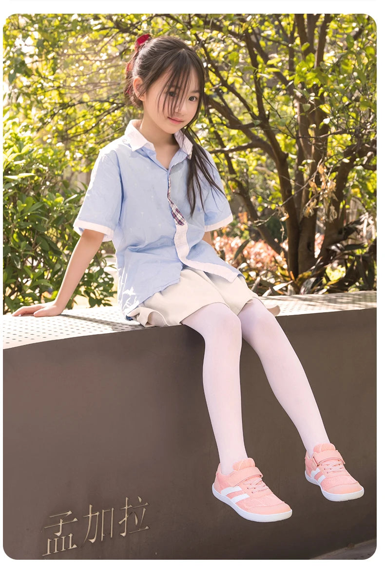 Kids Wide-Toe Mesh Sneakers with Adjustable Hook-and-Loop Strap, Contrast Side Stripes and Low-Top Casual Style in Pink, Black or Blue