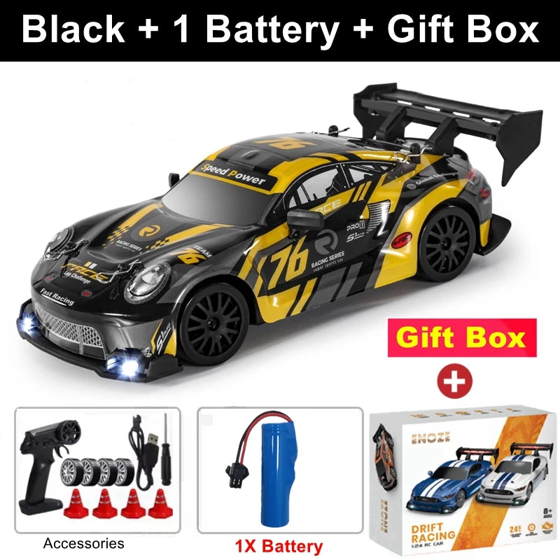 RC Drift Racing Car with 4WD, 2.4GHz Proportional Remote Control, LED Lights and Replaceable Racing and Drift Tires for Kids and Adults