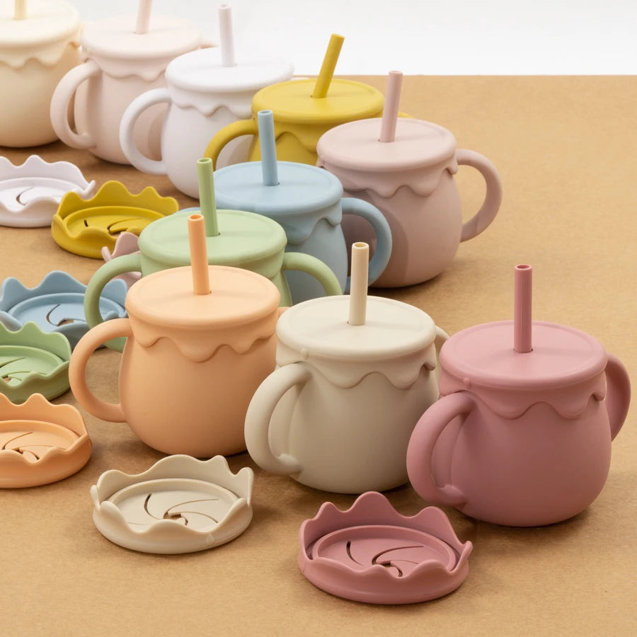 Two-Handle Toddler Straw Cup with Rounded Body and Wavy-Edge Lid, Portable Baby Drinkware and Snack Container Options for Supervised Use