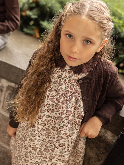 Brown Floral Sibling Matching Outfits with Cotton Girls Dresses and Baby Bloomer Sets, Coordinating Cardigans and Plaid Boys Pants or Overall Shorts
