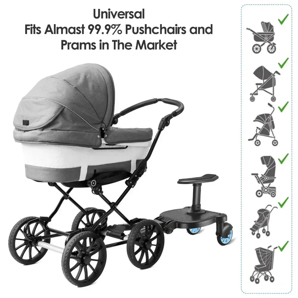 Second Child Stroller Board with Removable Seat, Sit-and-Stand Ride Along Platform in Black, Blue or Pink with Single or Double Wheel Options