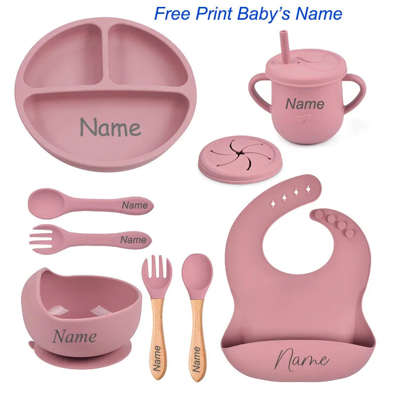 Personalized Silicone Baby Tableware Set, 8-Piece Collection with Divided Plate, Suction Bowl, Pocket Bib, Straw Cup and Two Utensil Pairs