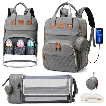 Diaper Backpack with USB Port and Fold-Out Changing Station, Type 1 and Type 3 Baby Essentials Bag with Organized Storage for Moms and Dads