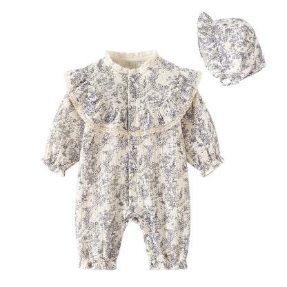 Baby Girl Jumpsuit and Hat Set with Ink-Style Print and Ruffled Yoke, Long Sleeve Cotton Outfit for Spring, Fall and Family Photos, Sizes 59-90