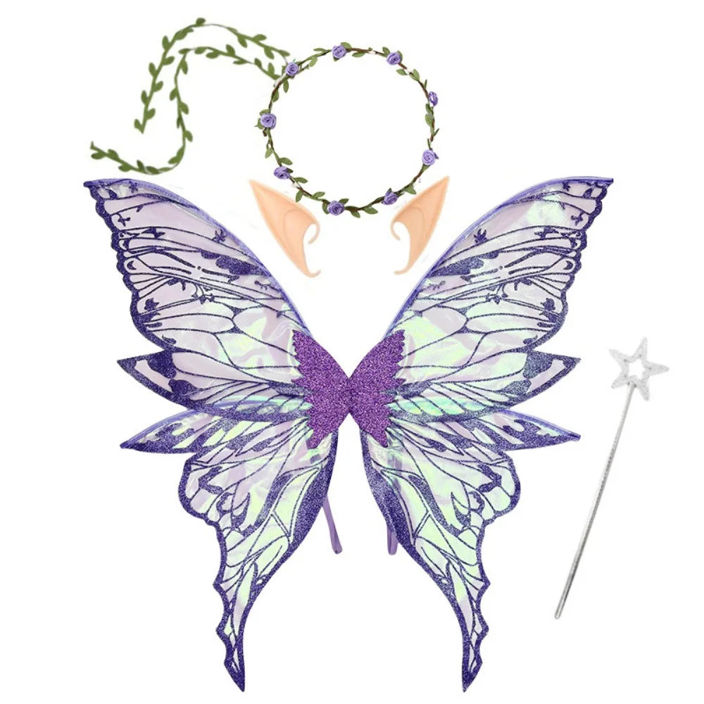 Fairy Wings Costume Set with Organza Butterfly Wings, Elf Ears, Floral Wreath and Star Wand for Halloween, Fantasy Parties and Dress-Up