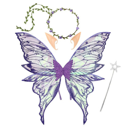 Fairy Wings Costume Set with Organza Butterfly Wings, Elf Ears, Floral Wreath and Star Wand for Halloween, Fantasy Parties and Dress-Up
