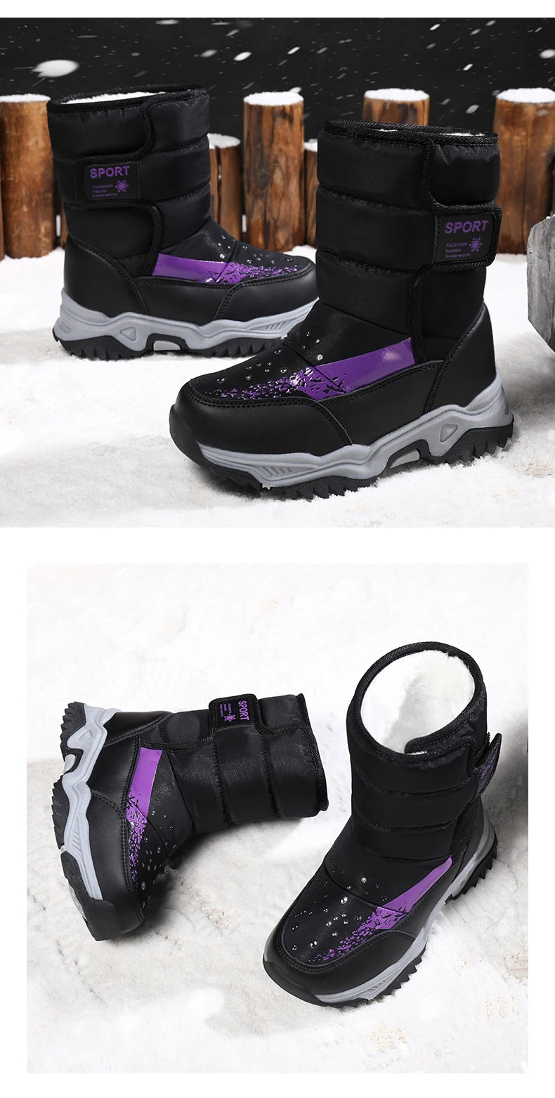 Kids Plush-Lined Winter Boots with Padded Shafts and Front Flap Closures, Pink or Purple Snow-Style Footwear for Boys and Girls