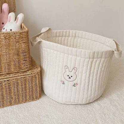 Diaper Storage Basket with Cute Bear Embroidery and Carry Handles, Quilted Nursery Organizer for Newborn Diapers, Toys and Baby Essentials