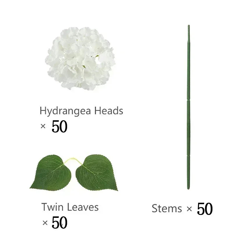 Artificial Hydrangea Flower Heads, 50-Piece Silk-Fabric Floral Set with Stem or Leaf Options for DIY Wedding Centerpieces, Baby Showers and Home Decor