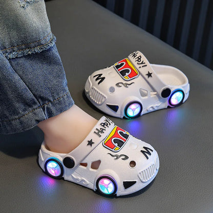 Kids Light-Up Car Clogs with Glowing Wheel Details, Ventilated Closed-Toe Design and Pivoting Heel Strap for Playful Summer Casual Outfits