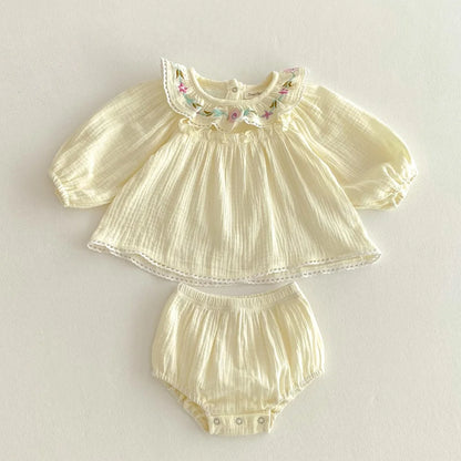 Baby Girl Bloomer Outfit Set with Vintage Lace Embroidery, Long Sleeve Cotton Top and Matching Shorts for Infants and Toddlers
