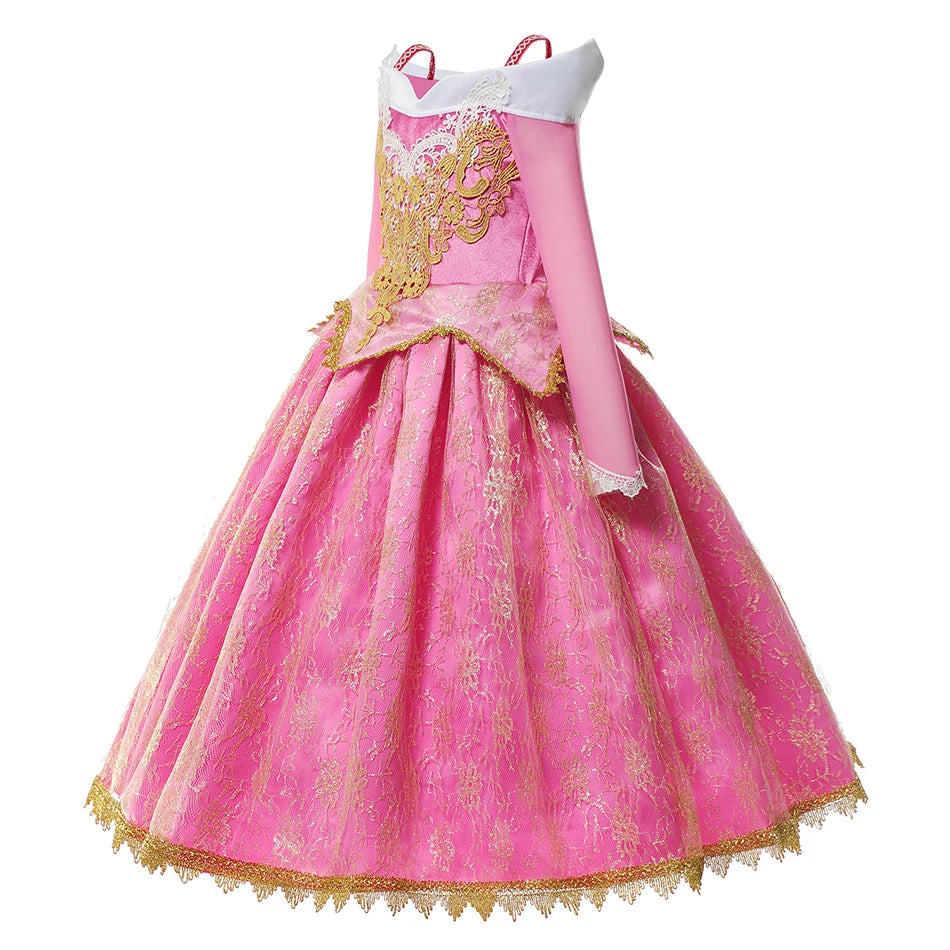 Pink Princess Costume Dress for Girls with Gold-Tone Detailing and Long Sleeves, Aurora-Inspired Party Dress-Up with Selectable Bundle Options