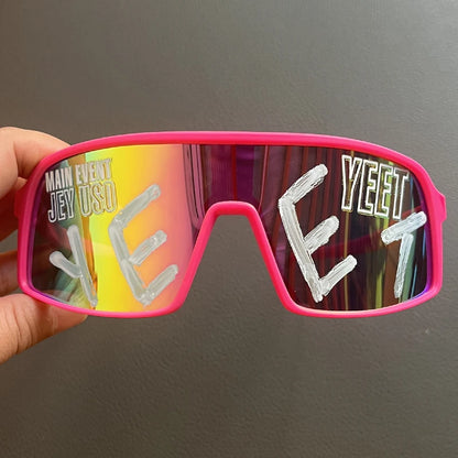 YEET Graphic Sunglasses with Jey Uso Main Event Lettering, Colorful Shield-Style Fan Shades in Children's and Adult Options for Party Outfits