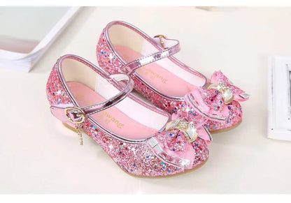 Bow-Accent Glitter Mary Jane Shoes for Girls with Buckled Strap and Block Heel, Sparkling Princess Dress Shoes for Parties and Weddings