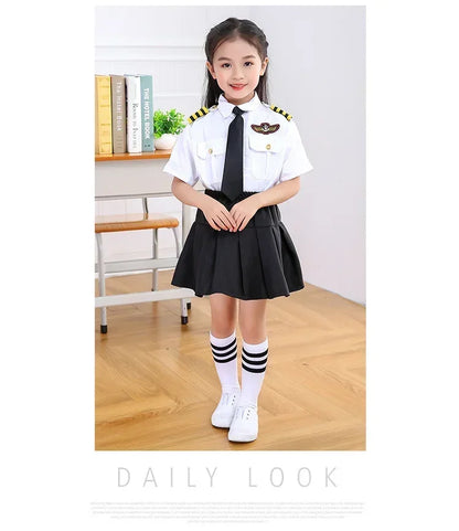 Kids Pilot Costume for Boys and Girls, Airline Captain Uniform-Style Outfit with Short Sleeve Shirt Styling for Career Day and Halloween