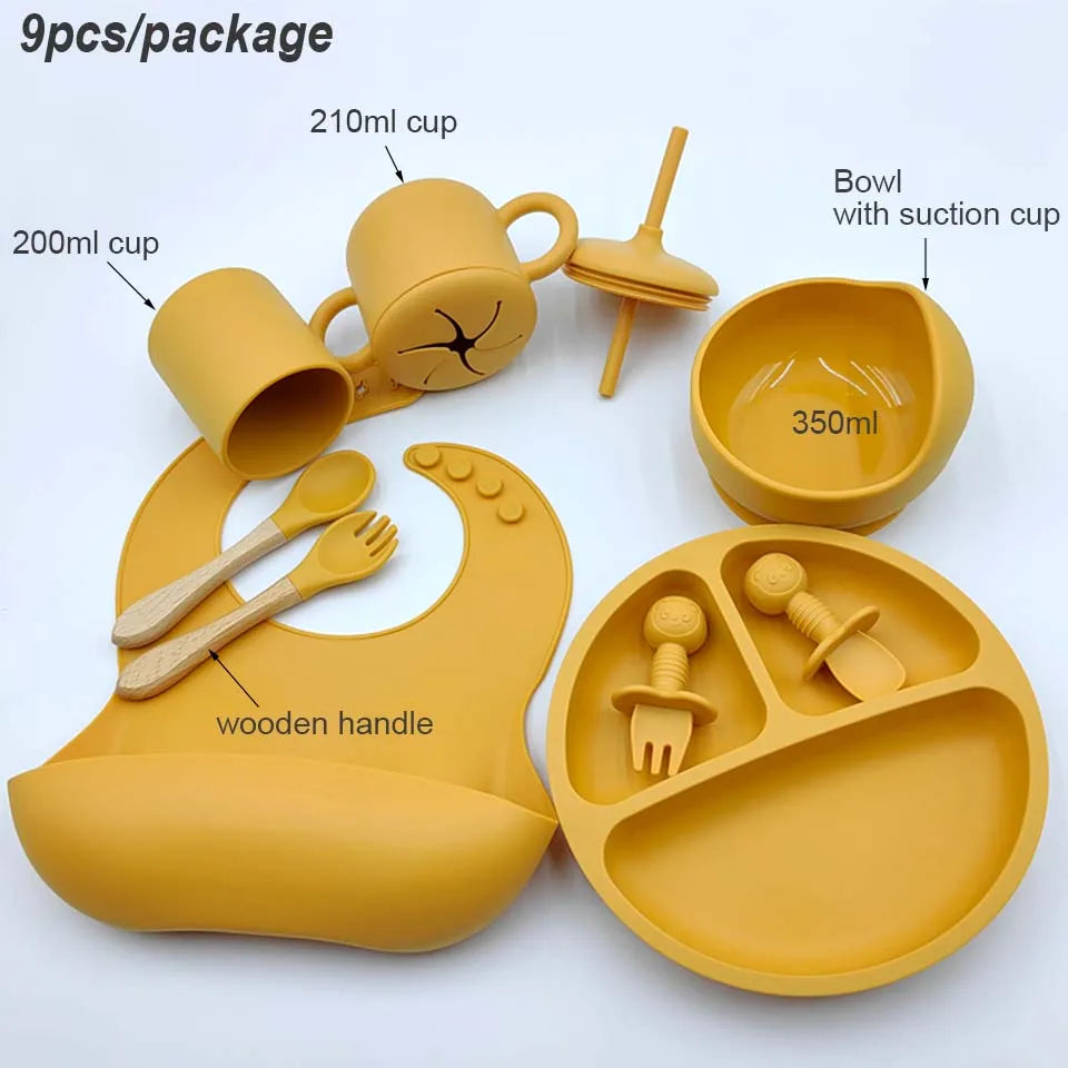 Nine-Piece Personalized Silicone Feeding Set with Suction Bowl, Divided Plate, Pocket Bib, Cups and Utensils for Supervised Baby Mealtimes