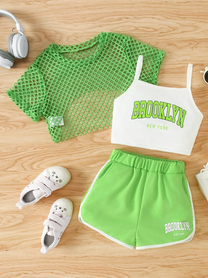 Girls Mesh Top and Shorts Outfit with Brooklyn Print Cami, Three-Piece Summer Set with Short Sleeves and Elastic Waist for Ages 8-12