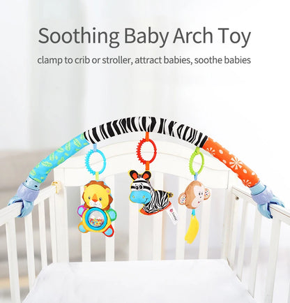 Adjustable Baby Activity Arch with Clamp-On Animal Toys, Colorful Stroller Play Bar for Supervised Sensory Exploration and Baby Shower Gifts