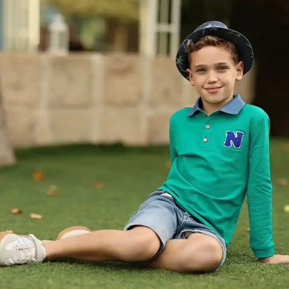 Green Polo Kids Outfits with Navy Letter Patch, Coordinating Girls Dresses, Boys Shirts and Shorts and Baby Girl Set Styles for Family Photos