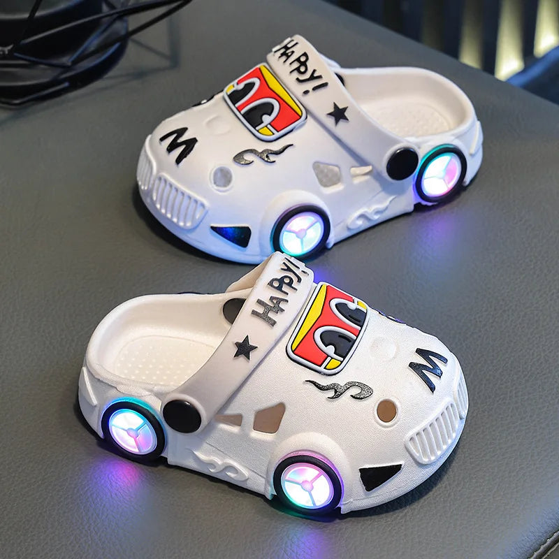 Kids Light-Up Car Clogs with Glowing Wheel Details, Ventilated Closed-Toe Design and Pivoting Heel Strap for Playful Summer Casual Outfits