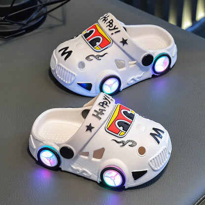 Kids Light-Up Car Clogs with Glowing Wheel Details, Ventilated Closed-Toe Design and Pivoting Heel Strap for Playful Summer Casual Outfits