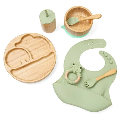 Bamboo Baby Tableware Set with Animal Plate Designs, Bowl, Cup and Wooden-Handle Utensil Options for Supervised Infant and Toddler Mealtimes