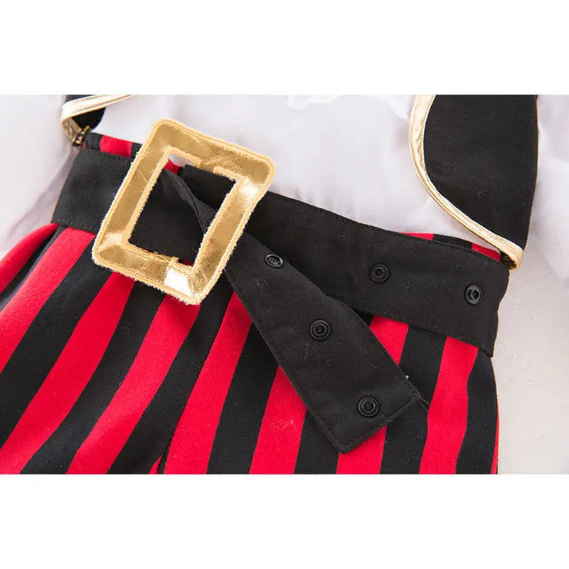 Infant Pirate Romper Costume Set with Vest, Head Scarf and Belt, Cotton Blend Red Stripe Outfit for Baby and Toddler Halloween Parties