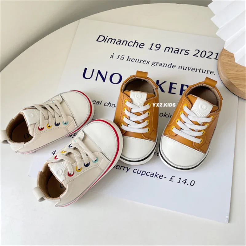 Toddler Colorful Eyelet Sneakers with Lace-Up Front and Contrast Sole Stripe, Beige or Yellow Baby Boys and Girls Casual Spring and Fall Shoes