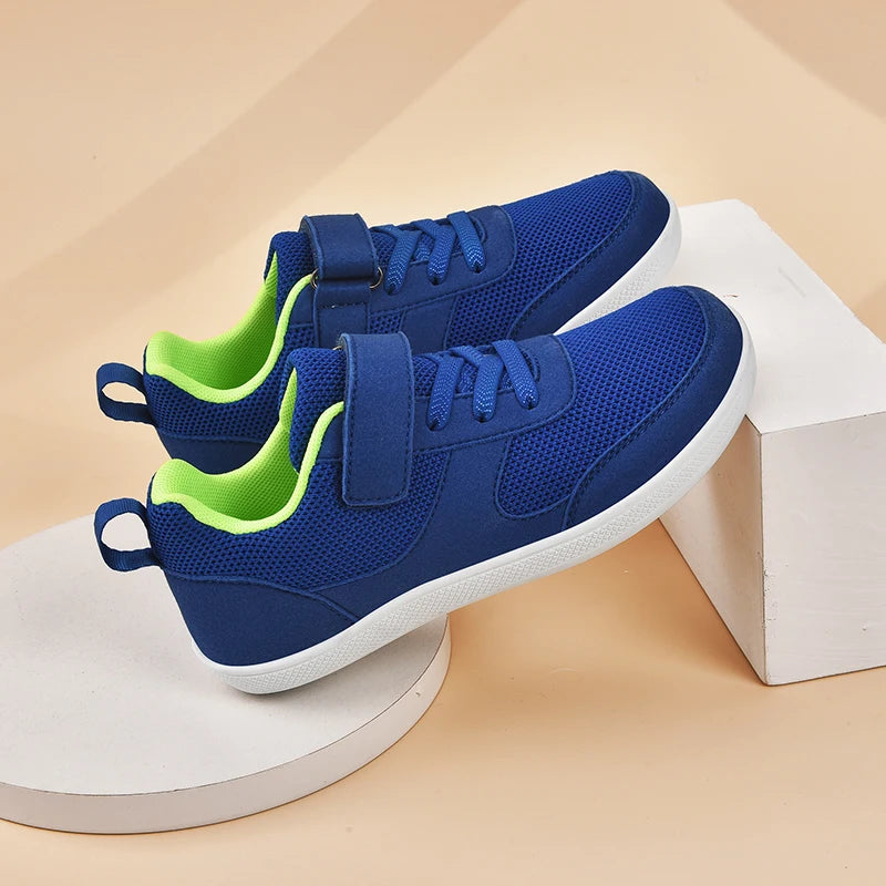 Kids Breathable Mesh Walking Shoes with Wide Toe Design, Hook-and-Loop Strap and Textured EVA Soles in Blue, Black, Pink or Grey