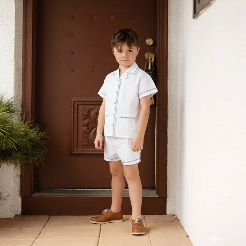 Matching Sibling Clothes with Classic Blue Trim, Shirts, Shorts, Overalls, Dresses and Cardigan Options for Baby Boys, Girls and Kids