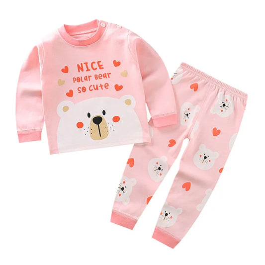 Cartoon Kids Long Sleeve Outfit Set in Cotton, Two-Piece Top and Cuffed Pants with Playful Animal Designs for Babies and Toddlers