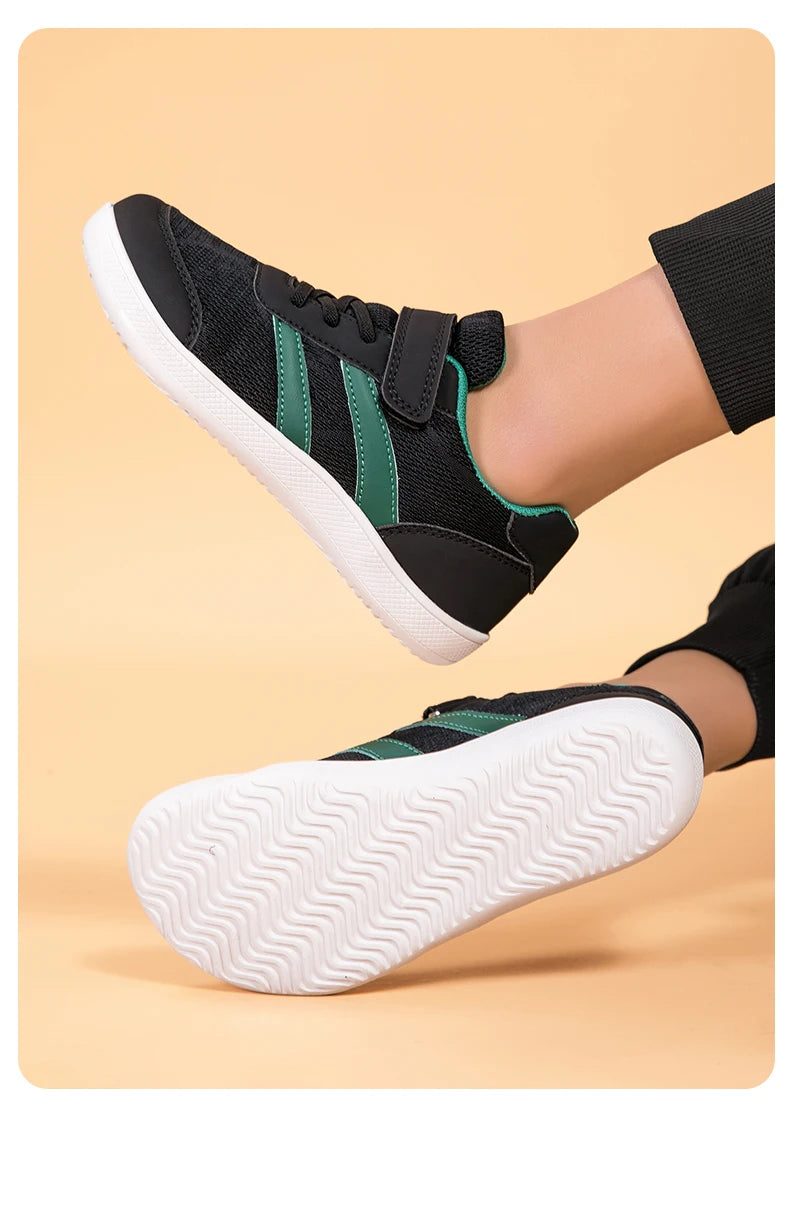 Kids Wide-Toe Mesh Sneakers with Adjustable Hook-and-Loop Strap, Contrast Side Stripes and Low-Top Casual Style in Pink, Black or Blue