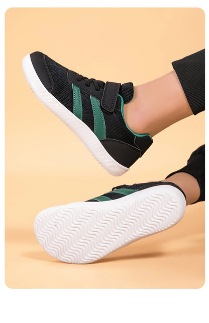 Kids Wide-Toe Mesh Sneakers with Adjustable Hook-and-Loop Strap, Contrast Side Stripes and Low-Top Casual Style in Pink, Black or Blue
