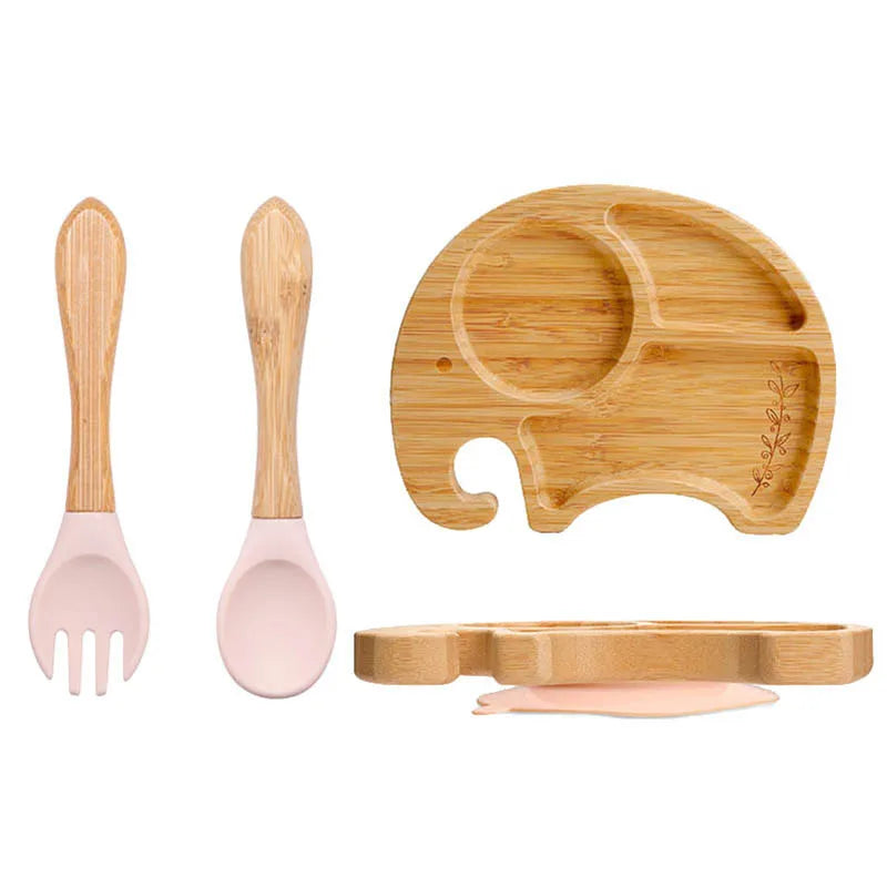 Baby Bamboo Suction Plate Set with Wooden-Handle Spoon and Fork, 3-Piece Cartoon Dinnerware with Divided Elephant Design for Toddler Meals