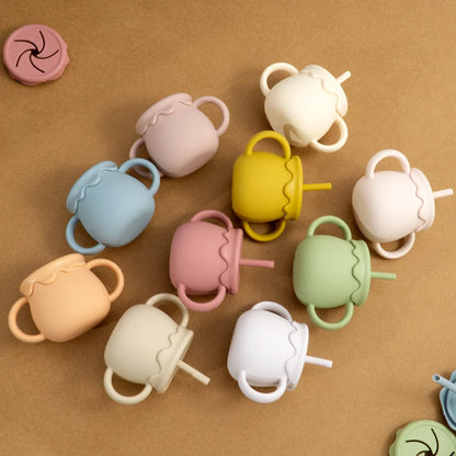 Two-Handle Toddler Straw Cup with Rounded Body and Wavy-Edge Lid, Portable Baby Drinkware and Snack Container Options for Supervised Use