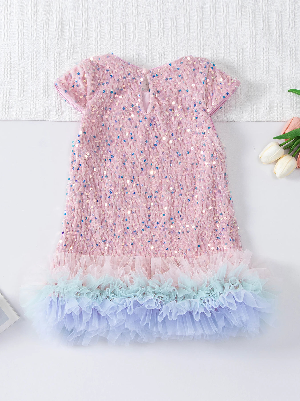 Girls Sequin Party Dress, Short Sleeve Sparkle Dress with Fluffy Mesh Ruffle Hem and Cotton Blend Lining for Birthdays and Holiday Photos, 2T-6T
