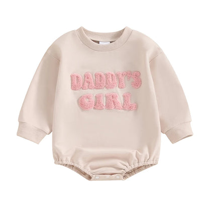 Daddy's Girl Baby Sweatshirt Romper with Letter Embroidery, Cotton-Blend Long Sleeve Crew Neck One-Piece Outfit for Spring and Fall, 3M-18M