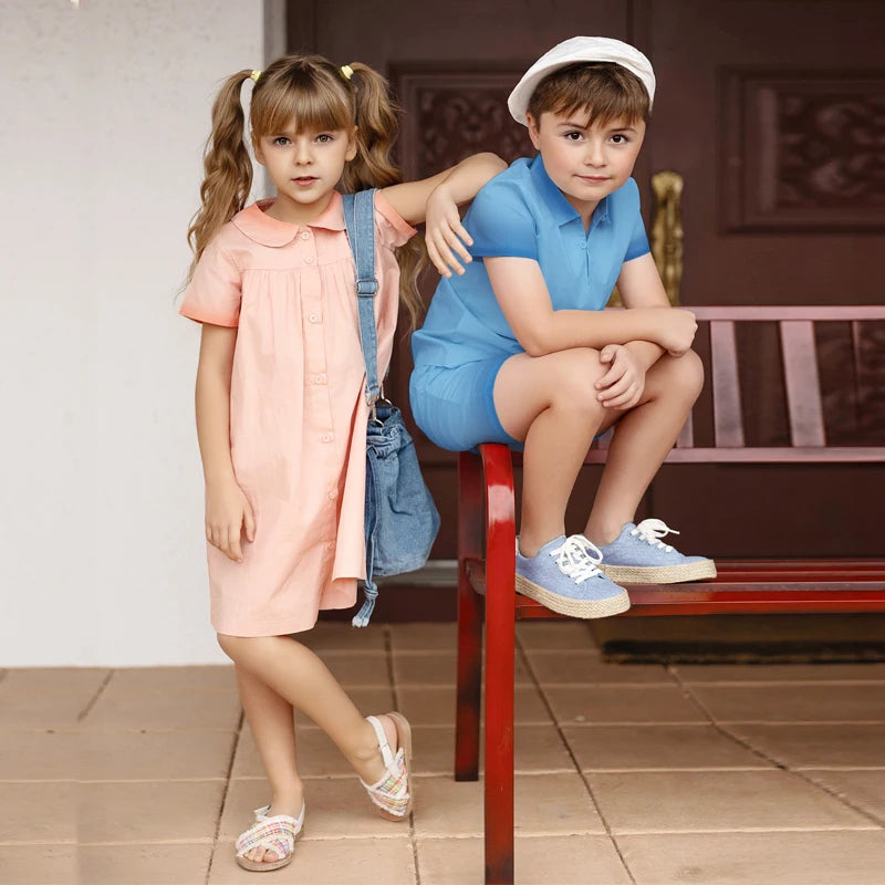 Peach and Blue Sibling Matching Outfits, Cotton Girls Collared Dresses, Boys Shirts and Shorts, Baby Rompers and Toddler Two-Piece Clothing